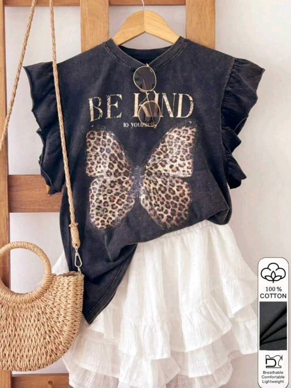 Be Kind Black Ruffle Sleeve Tee